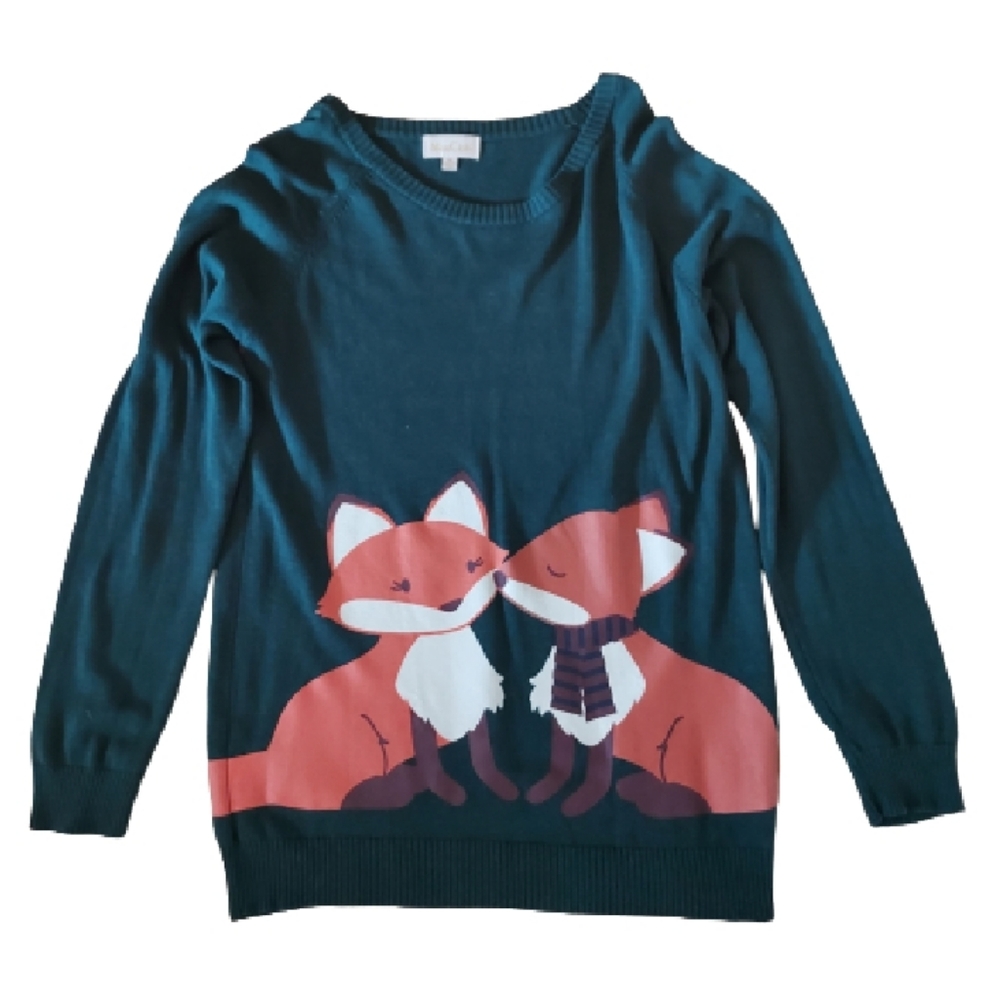 ModCloth dark green fall kissing foxes sweater M